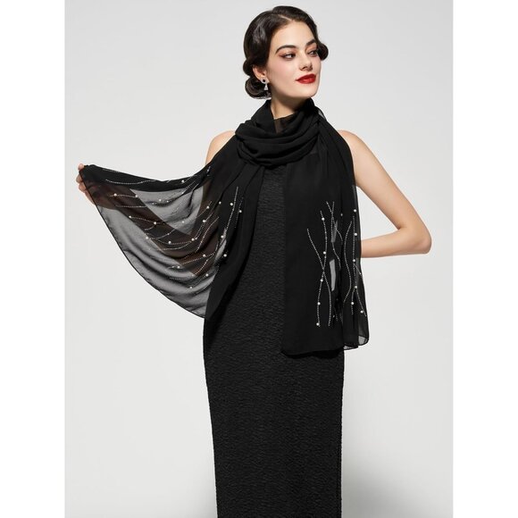 Women Black Sequin Chiffon Shawls and Wraps Formal Rhinestone for Evening Dress - Picture 4 of 6